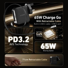 Kelioninis įkroviklis X-ONE „ChargeGo GaN“ 65W su ištraukiamu cable ir USB C port - juodas