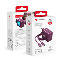 Telefono įkroviklis Forcell F-Energy GaN III Crystal Color 2x USB C AVS SSFC3.0 60W + silikoninis laidas USB C į USB C V