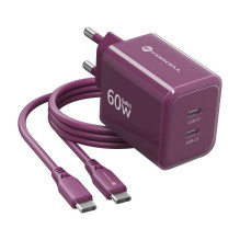 Telefono įkroviklis Forcell F-Energy GaN III Crystal Color 2x USB C AVS SSFC3.0 60W + silikoninis laidas USB C į USB C V