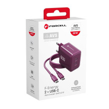 Telefono įkroviklis Forcell F-Energy GaN III Crystal Color 2x USB C AVS SSFC3.0 60W + silikoninis laidas USB C į USB C V