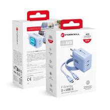 Phone charger Forcell F-Energy GaN III Crystal Color 2x USB C AVS SSFC3.0 60W + silicone cable USB C to USB C VT-60 blue