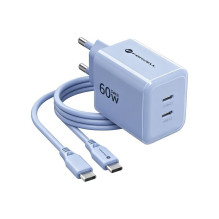 Phone charger Forcell F-Energy GaN III Crystal Color 2x USB C AVS SSFC3.0 60W + silicone cable USB C to USB C VT-60 blue