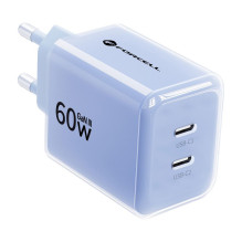 Phone charger Forcell F-Energy GaN III Crystal Color 2x USB C AVS SSFC3.0 60W + silicone cable USB C to USB C VT-60 blue