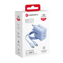 Phone charger Forcell F-Energy GaN III Crystal Color 2x USB C AVS SSFC3.0 60W + silicone cable USB C to USB C VT-60 blue