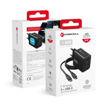 Telefono įkroviklis Forcell F-Energy GaN III Crystal Color 2x USB C AVS SSFC3.0 60W + silikoninis laidas USB C į USB C V