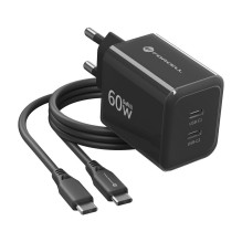 Telefono įkroviklis Forcell F-Energy GaN III Crystal Color 2x USB C AVS SSFC3.0 60W + silikoninis laidas USB C į USB C V