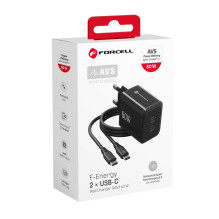 Telefono įkroviklis Forcell F-Energy GaN III Crystal Color 2x USB C AVS SSFC3.0 60W + silikoninis laidas USB C į USB C V