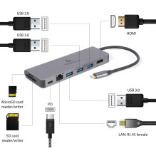 Gembird A-CM-COMBO5-05 USB Type-C 5 viename daugiaprievadis adapteris (šakotuvas + HDMI + PD + kortelių skaitytuvas + LA Gembird A-CM-COMBO5-05 USB Type-C 5 viename daugiaprievadis adapteris (šakotuvas + HDMI + PD + kortelių skaitytuvas + LA