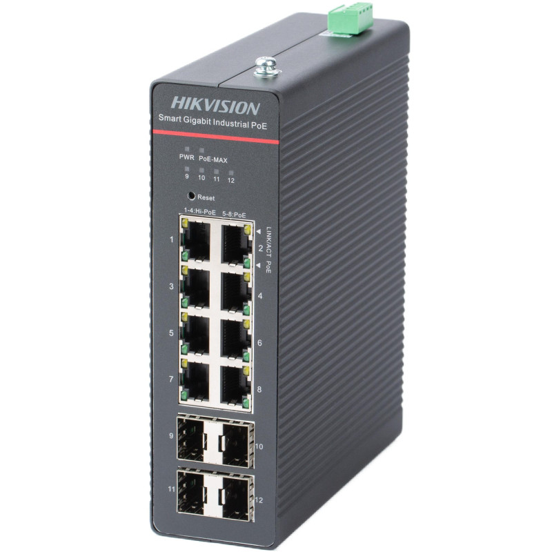 Hikvision 12 prievadų 8 PoE pramoninis valdomas komutatorius DS-3T1512HP-SI-8P4F