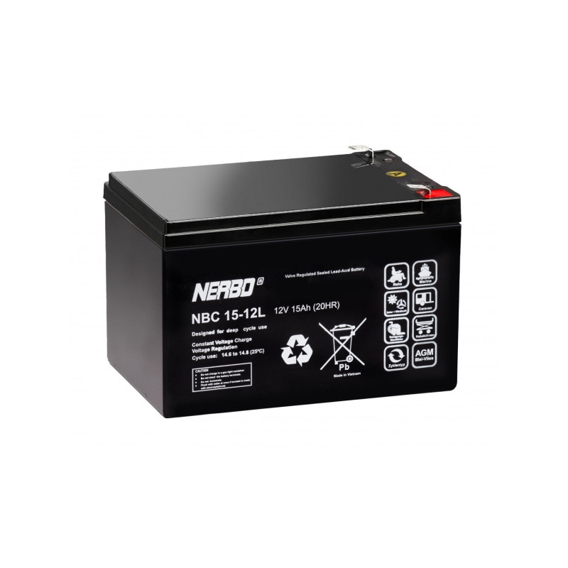 Battery 12V 15Ah F2 6.3mm AGM VRLA NERBO NBC15-12L