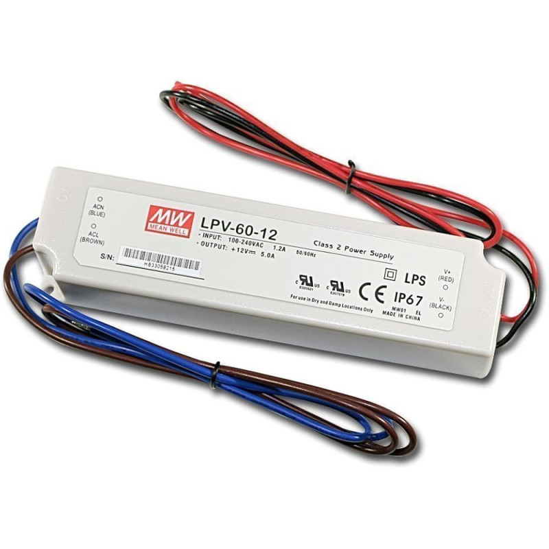 Impulsinis maitinimo šaltinis LED 12V 60W 5A IP67, Mean well, LPV-60-12