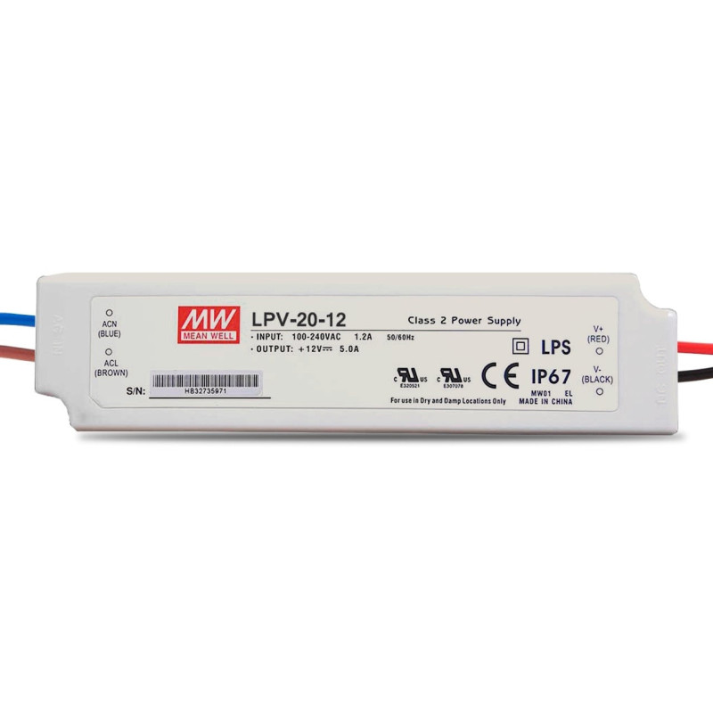 Impulsinis maitinimo šaltinis LED 12V 20W 1.67A IP67, Mean well, LPV-20-12