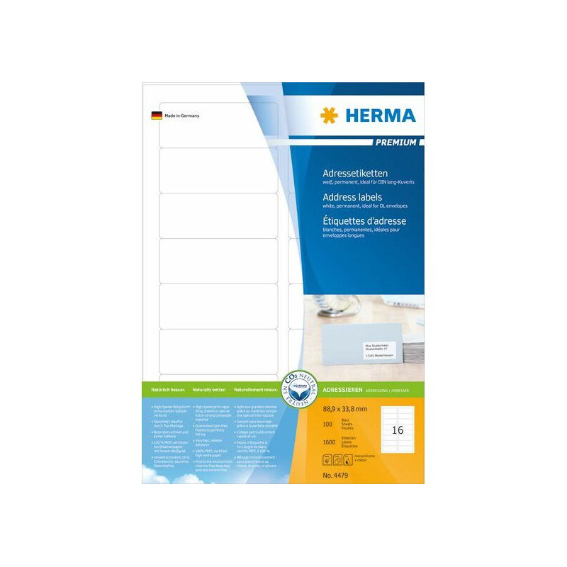 HERMA Adresų etiketės A4 white 88,9x33,8 mm popierius 1600 vnt.