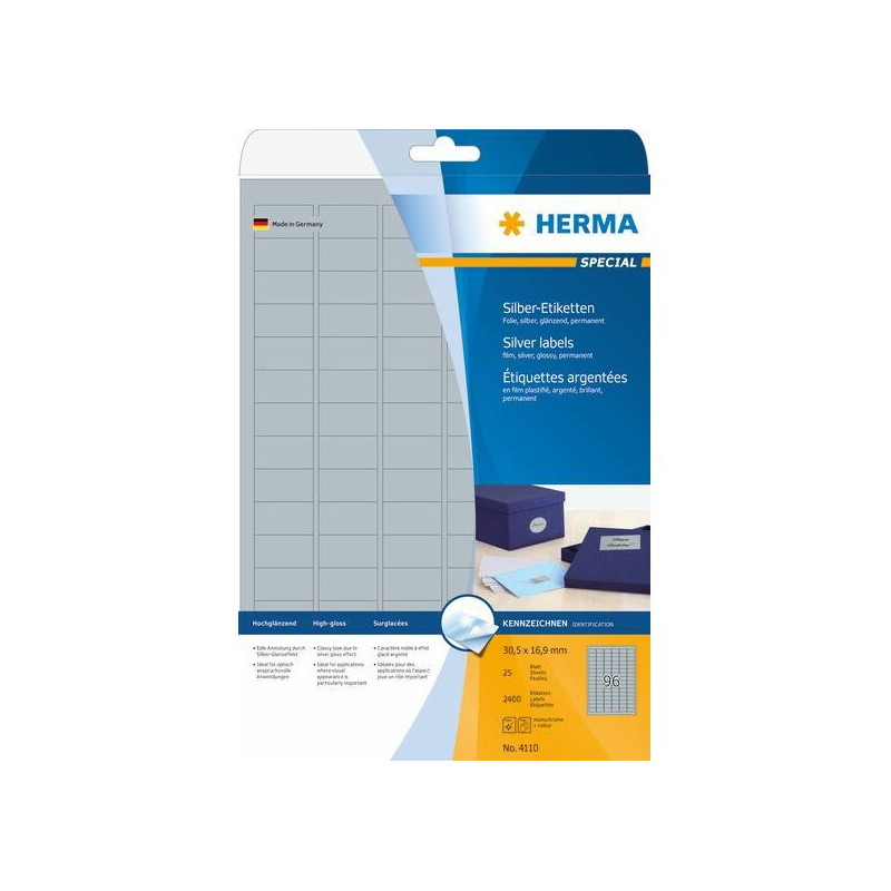 HERMA Lipdukai A4 sidabriniai 30,5x16,9 mm blizgi plėvelė 2400 vnt.