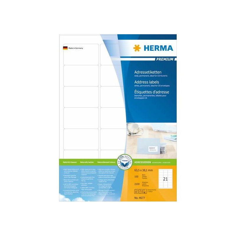 HERMA Address labels A4 white 63.5x38.1 mm paper 2100 pcs.