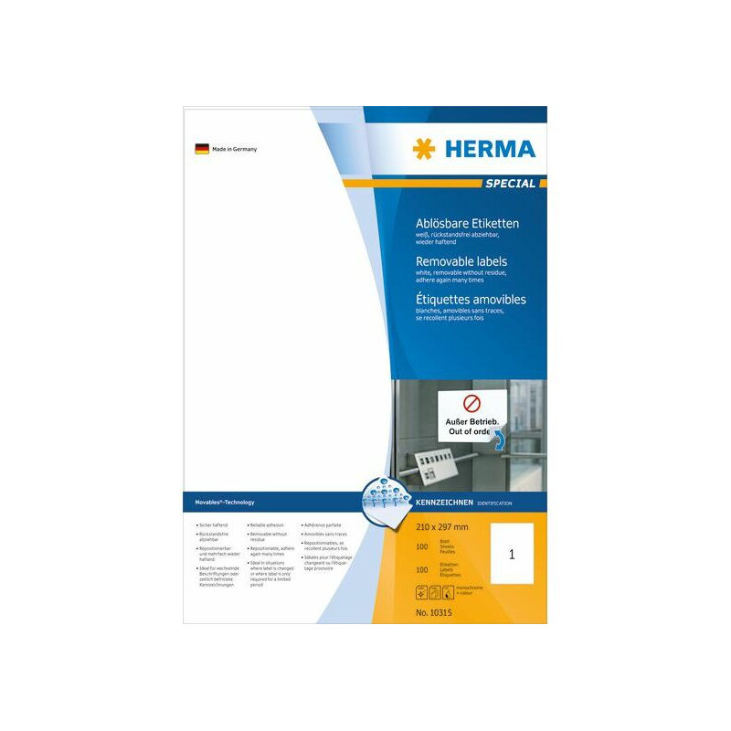 HERMA Lipdukai A4 balti 210x297 mm nuimamas popierius 100 vnt.