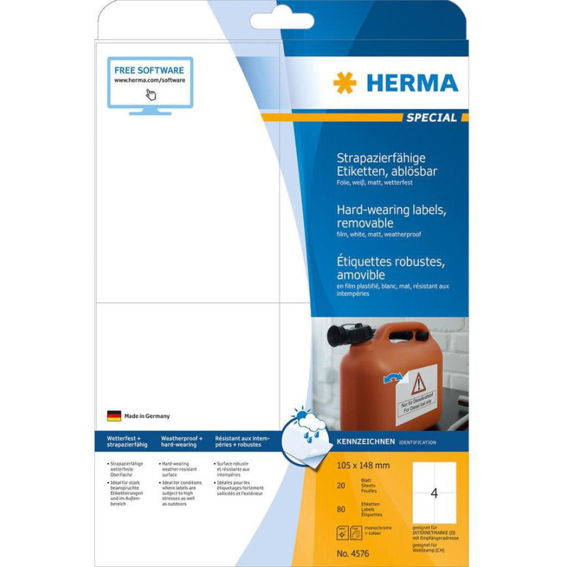 HERMA Foil Labels A4 105x148mm White Removable 80 pcs.
