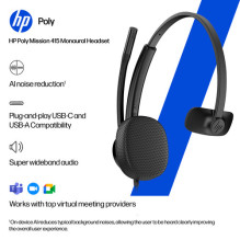 HP Poly Mission 415 Headset - Mission 400 Series - On-Ear - Wired - Active Noise Cancellation - USB-A, USB-C - Black - C