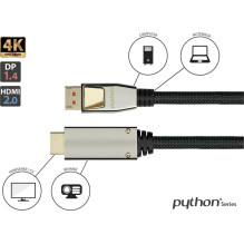Python DisplayPort 1.4 į HDMI 2.0 kabelis, nailonas, juodas 3m