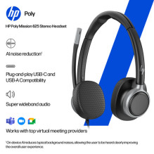 Austiņas HP Poly Mission 625 - Mission 600 sērija - uz auss - vadu - USB-C, USB-A - Black - Sertificētas Microsoft Teams