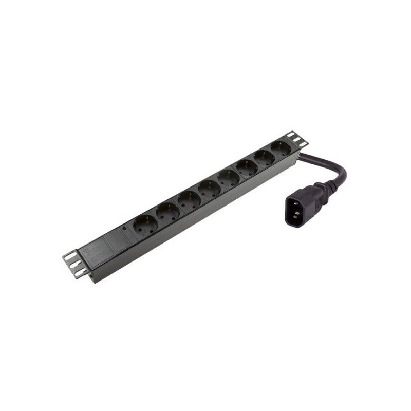 Maitinimo panelė spintai 19" (8x220V Schuko, įeinanti jungtis C14, plastikinis korpusas, 2m kabelis)