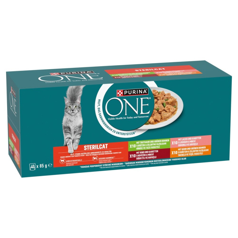 PURINA One Sterilcat - šlapias kačių ėdalas su jautiena, lašiša, vištiena, kalakutiena - 40 x 85 g