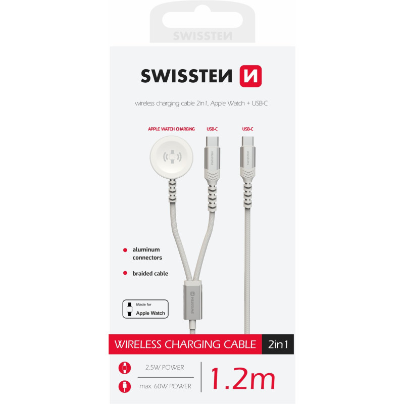 Swissten 2in1 Bezvadu Lādētājs Apple Watch un USB-C / USB-C / 1.2m