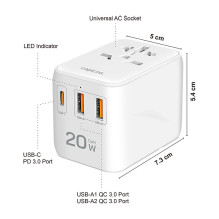 USB-A / C Travel charger, 20 W, GaN, 3-port, 2x USB-A (QC), 1x USB-C (PD), Slim Version, White