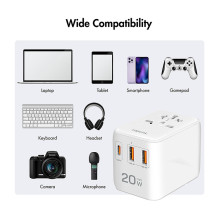 USB-A / C Travel charger, 20 W, GaN, 3-port, 2x USB-A (QC), 1x USB-C (PD), Slim Version, White