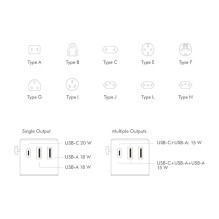 USB-A / C Travel charger, 20 W, GaN, 3-port, 2x USB-A (QC), 1x USB-C (PD), Slim Version, White