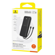 Išorinė baterija - Baseus Lipow 10 000 mAh 22,5 W su integruotais laidais ir ekranu juoda