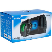 „Sven SVEN PS-655“ 2 x 25 W LED ekranas, TWS FM radijas, AUX, USB / SD kortelės palaikymas, apšvietimas, mikrofono įvest
