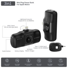 Wozinsky Wozinsky WF16-YLS 5000mAh 15W Lightning Mini Power Bank with Built-in USB-C Cable and Apple Watch Charger - Bla