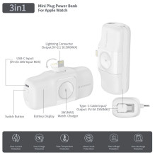 Wozinsky Wozinsky WF16-YLS 5000mAh 15W Lightning Mini Power Bank with Built-in USB-C Cable and Apple Watch Charger - Whi