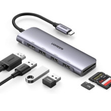 USB šakotuvas - UGREEN 20956A USB-C, 3 USB 3.0, HDMI, kortelių skaitytuvai, 5 000 Mbit / s, 4K, sidabrinis USB šakotuvas - UGREEN 20956A USB-C, 3 USB 3.0, HDMI, kortelių skaitytuvai, 5 000 Mbit / s, 4K, sidabrinis