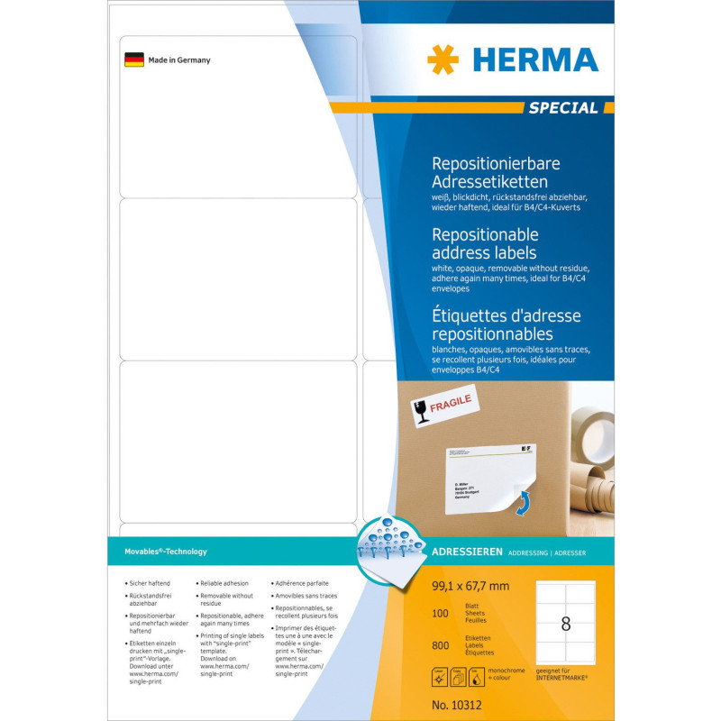 HERMA lipnūs adresų etiketės A4 balti 99,1x67,7 mm pakuotė 800 vnt.