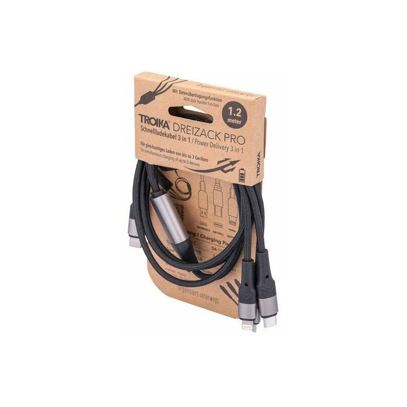 USB charging cable Troika Trident Pro, 1.2m, 3-in-1, Black