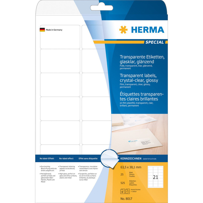 HERMA Label transparent A4 63.5x38.1 mm glossy film 525 pcs.