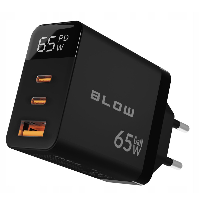 GaN 65W fast wall charger with LCD, USB + 2x USB-C PD, black, 76-030