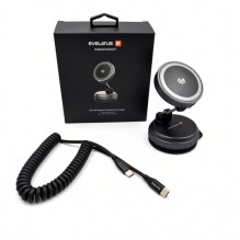 Evelatus Qi2 25W Magnetic Wireless Car Charger - AutoSpring Coiled Cable USB C to USB C connector 1.2M Black