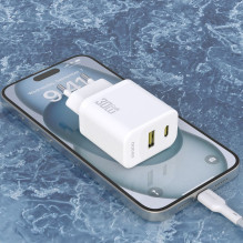 Dudao Dudao A27TCEU PD 30W GaN USB-A USB-C Wall Charger with USB-C Cable - White