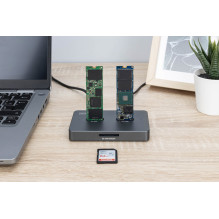 Stacja dokująca dysków, USB-C 3.2 Gen2 10Gbps, SSD M.2 NVMe + SATA (maks. 2x 4TB ), Czyt1-pressnik7kart 2TB ), Czarna Stacja dokująca dysków, USB-C 3.2 Gen2 10Gbps, SSD M.2 NVMe + SATA (maks. 2x 4TB ), Czyt1-pressnik7kart 2TB ), Czarna