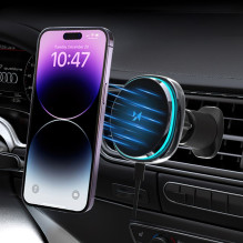 Wozinsky Wozinsky WCT5-Q6S2Y Car Holder with Qi / MagSafe 15W Inductive Charger for Ventilation Grill with Fan - Black
