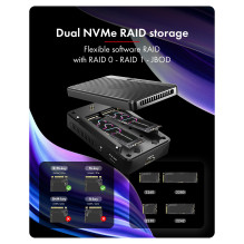 RAID Korpusas, skirtas 2x M.2 NVMe SSD su prijungimo stotimi, 40 Gbps talpa, vaizdo išvestis 8K@30 Hz, programinė įranga RAID Korpusas, skirtas 2x M.2 NVMe SSD su prijungimo stotimi, 40 Gbps talpa, vaizdo išvestis 8K@30 Hz, programinė įranga