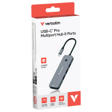 D Verbatim USB-C Pro Multiport-Hub CMH-08, 8 Port (grau, 2x HDMI, 3x USB-A, USB-C PD ),