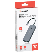 D Verbatim USB-C Pro Multiport-Hub CMH-09, 9 Port (grau, HDMI, RJ-45, 3x USB-A, 2x, USB-C),