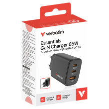 Verbatim „GaN III Essentials“ įkroviklis 3 Port 65W USB-A / C, juodas Verbatim „GaN III Essentials“ įkroviklis 3 Port 65W USB-A / C, juodas