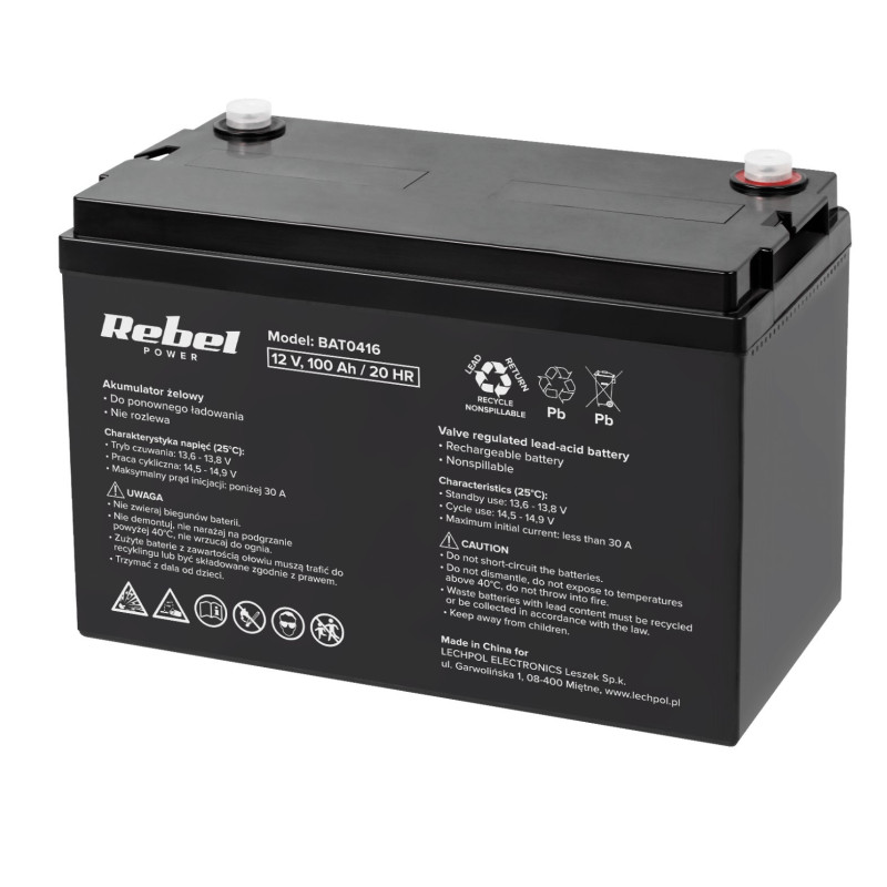 12 V 100 Ah akumuliatorius :: Gelio (GEL) :: 12 voltų, 100 ampervalandžių (Ah) :: REBEL power
