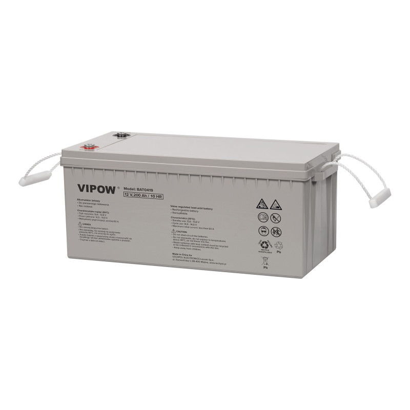 Želejas akumulators 12V 200Ah : 522 x 239 x 222 mm : Svars 60.2kg : Vipow
