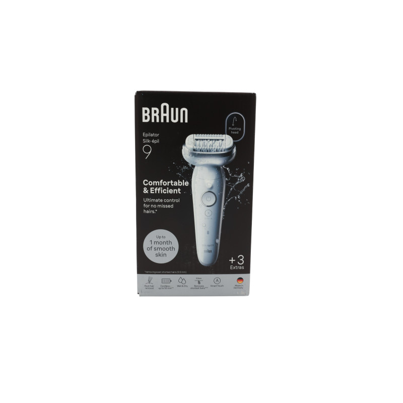 Depiliatorius Braun Silk-épil 9 9-030, White, 40 pincetų, MicroGrip, 100 - 240 V, 50 / 60 Hz, įmontuota baterija